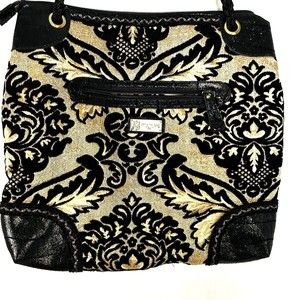 Sharif NY Tapestry Velvet Jewel Tassel Messenger Handbag Purse Black Gold